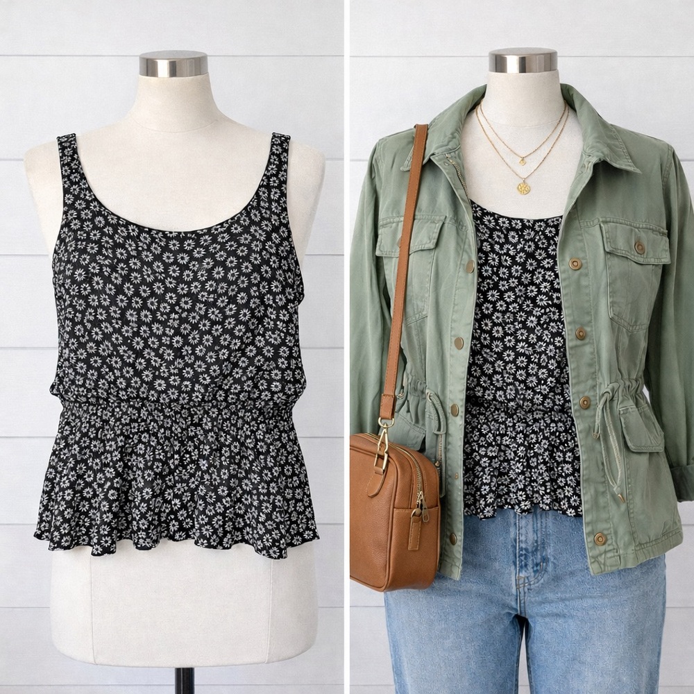 Everleigh Black & White Floral Peplum Tank Top XL | Scoop Neck